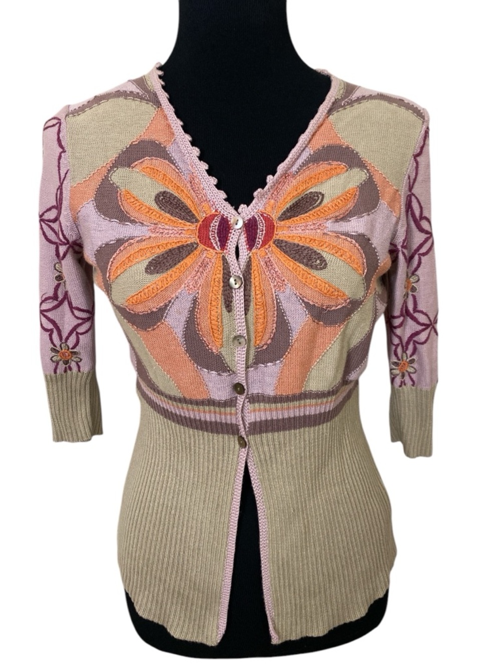 Vintage Y2K Michael Simon Floral Embroidered Knit Short Sleeve Cardigan